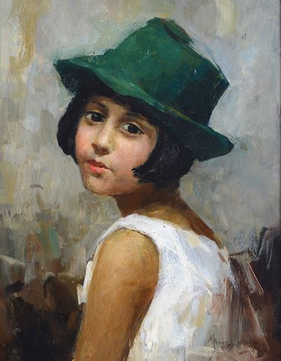 Anonimo del XX secolo, Bambina con cappello verde
