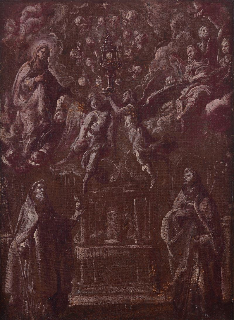Attr. a Pietro Sorri - Santi, Vergine e Angeli in adorazione dell’Eucaristia, olio su tela