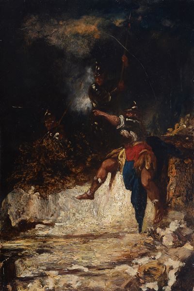 Anonimo, Paesaggio roccioso con guerrieri, olio su tavola