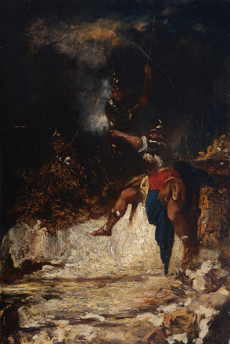 Anonimo, XVII - XVIII Sec. - Anonimo, Paesaggio roccioso con guerrieri, olio su tavola