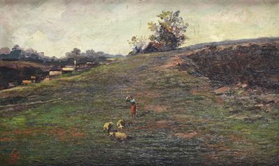 Anonimo del XIX secolo, Paesaggio con contadina e pecore, olio su tela