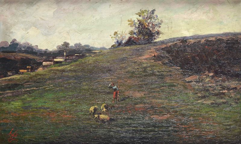 Anonimo, XIX Sec. - Anonimo del XIX secolo, Paesaggio con contadina e pecore, olio su tela