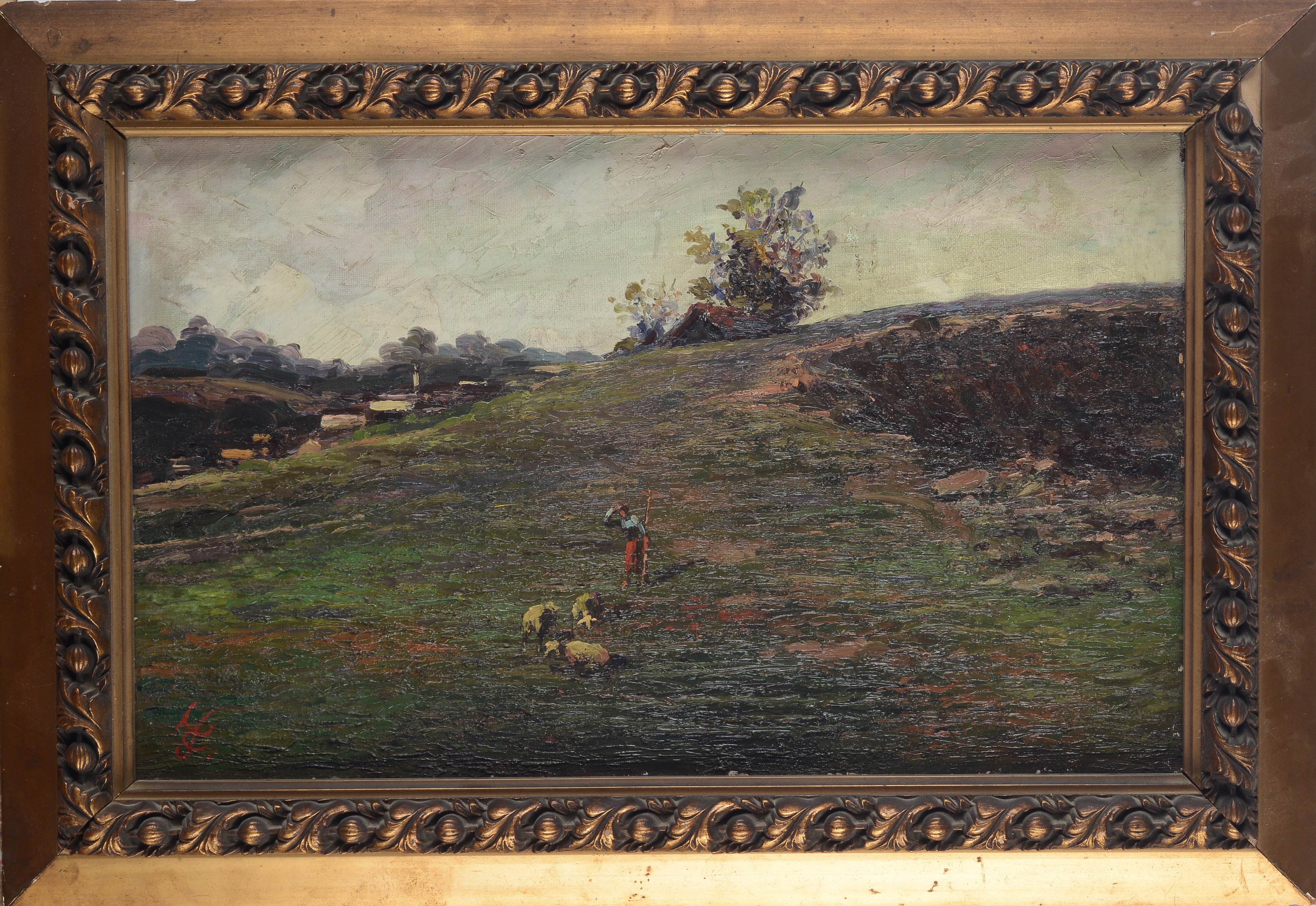 Anonimo, XIX Sec. - Anonimo del XIX secolo, Paesaggio con contadina e pecore, olio su tela
