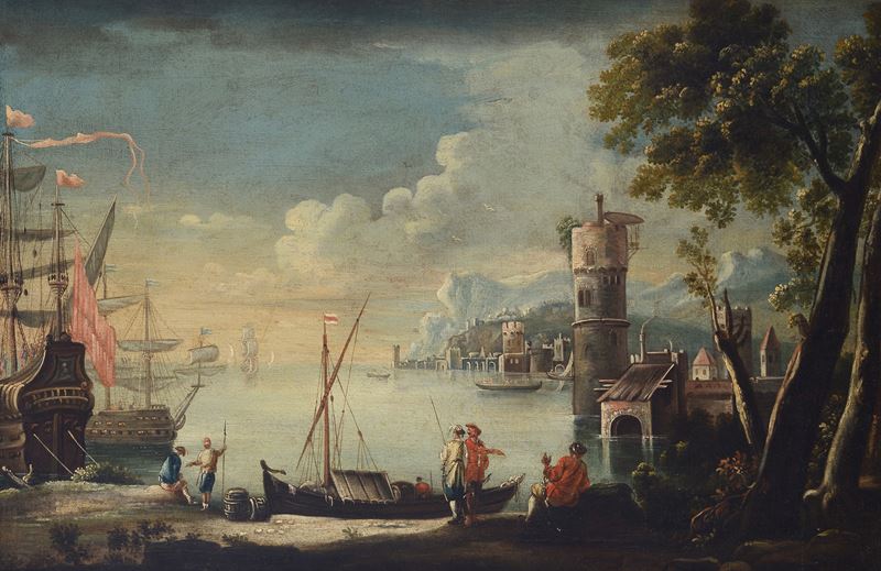 Scuola Veneta, XVIII Sec. - Scuola Veneta, XVIII secolo, Porto, olio su tela