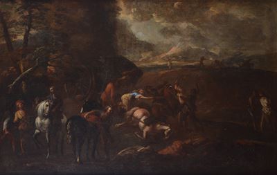 Scuola Fiamminga, Paesaggio e figure, olio su tela
