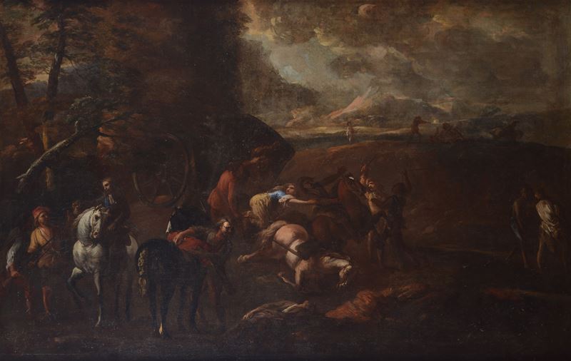 Scuola Fiamminga, XVII-XVIII Sec. - Scuola Fiamminga, Paesaggio e figure, olio su tela