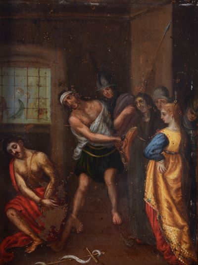 Anonimo, XVIII secolo, Decollazione del Battista, olio su rame