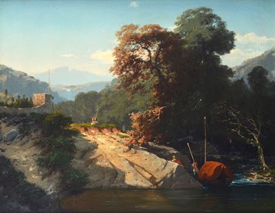 Paesaggio sul lago e figure