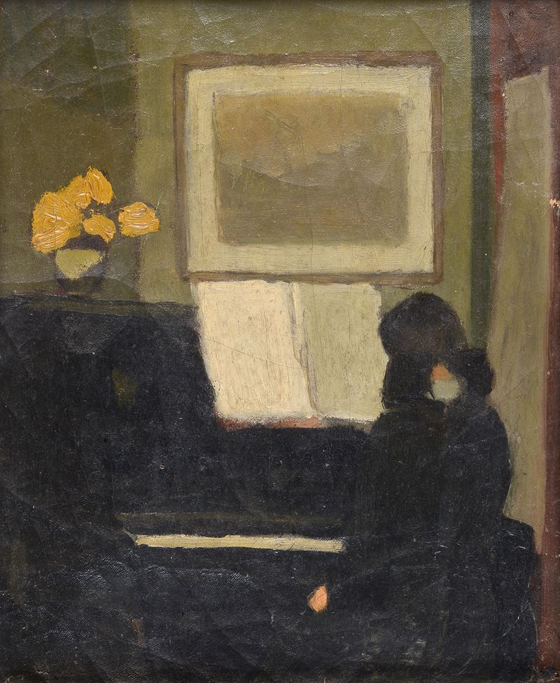 Oscar Ghiglia - Rina Gonnelli al piano, olio su tela riportata su cartone (1910 ca.)