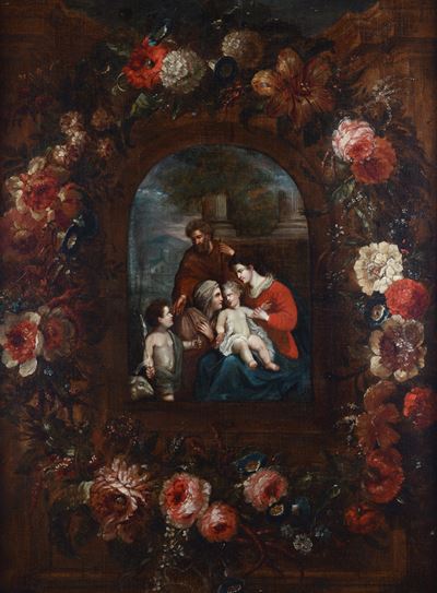 Sacra Famiglia con Santa Elisabetta entro ghirlanda di fiori