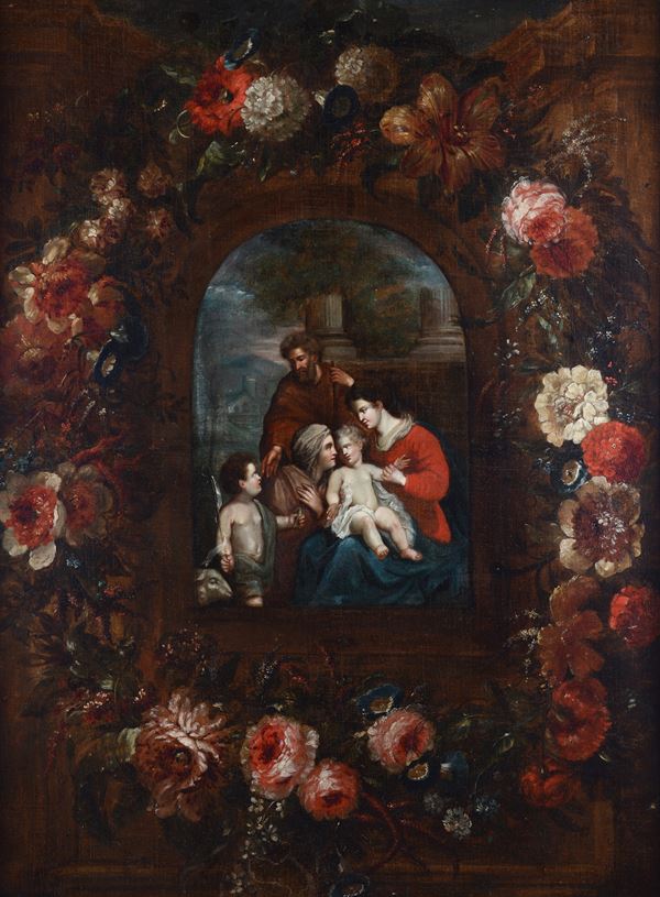 Scuola Fiamminga, XVII sec. - Sacra Famiglia con Santa Elisabetta entro ghirlanda di fiori