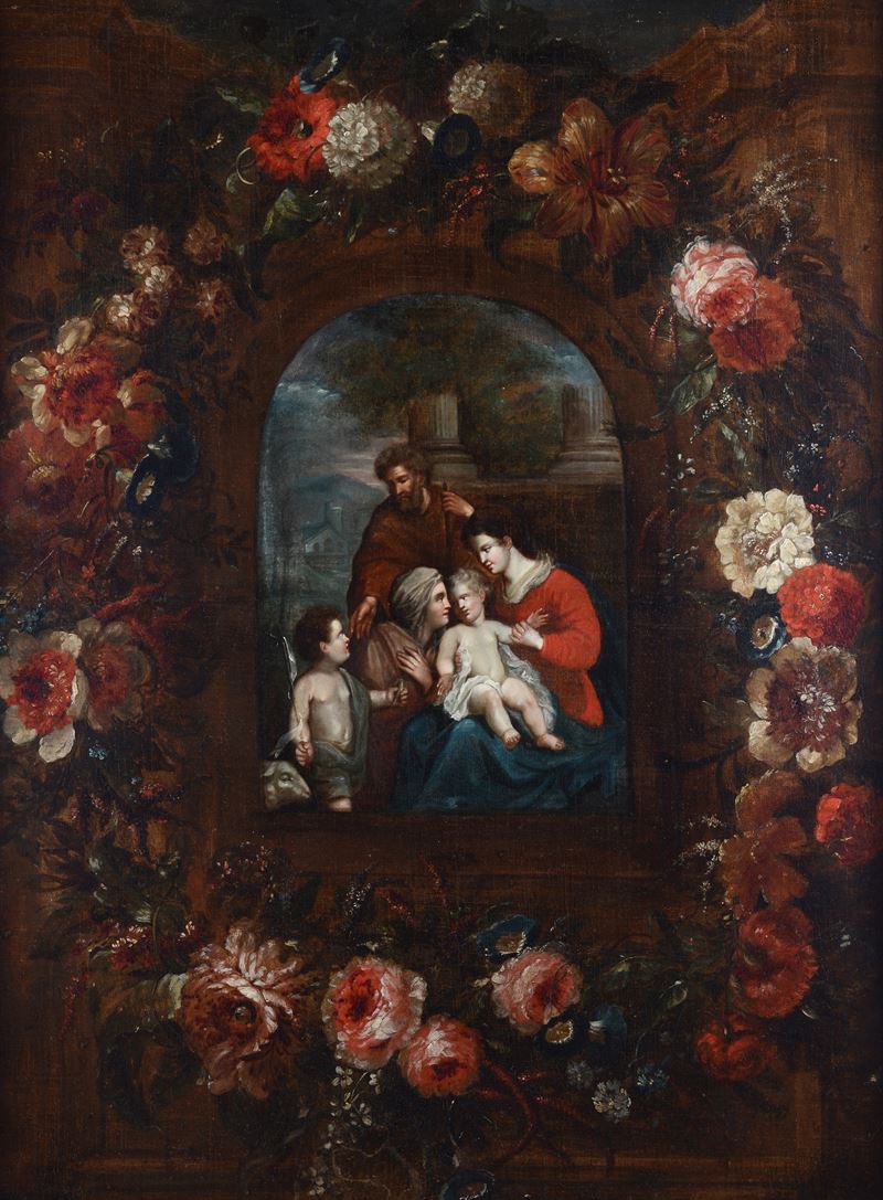 Scuola Fiamminga, XVII Sec. - Sacra Famiglia con Santa Elisabetta entro ghirlanda di fiori