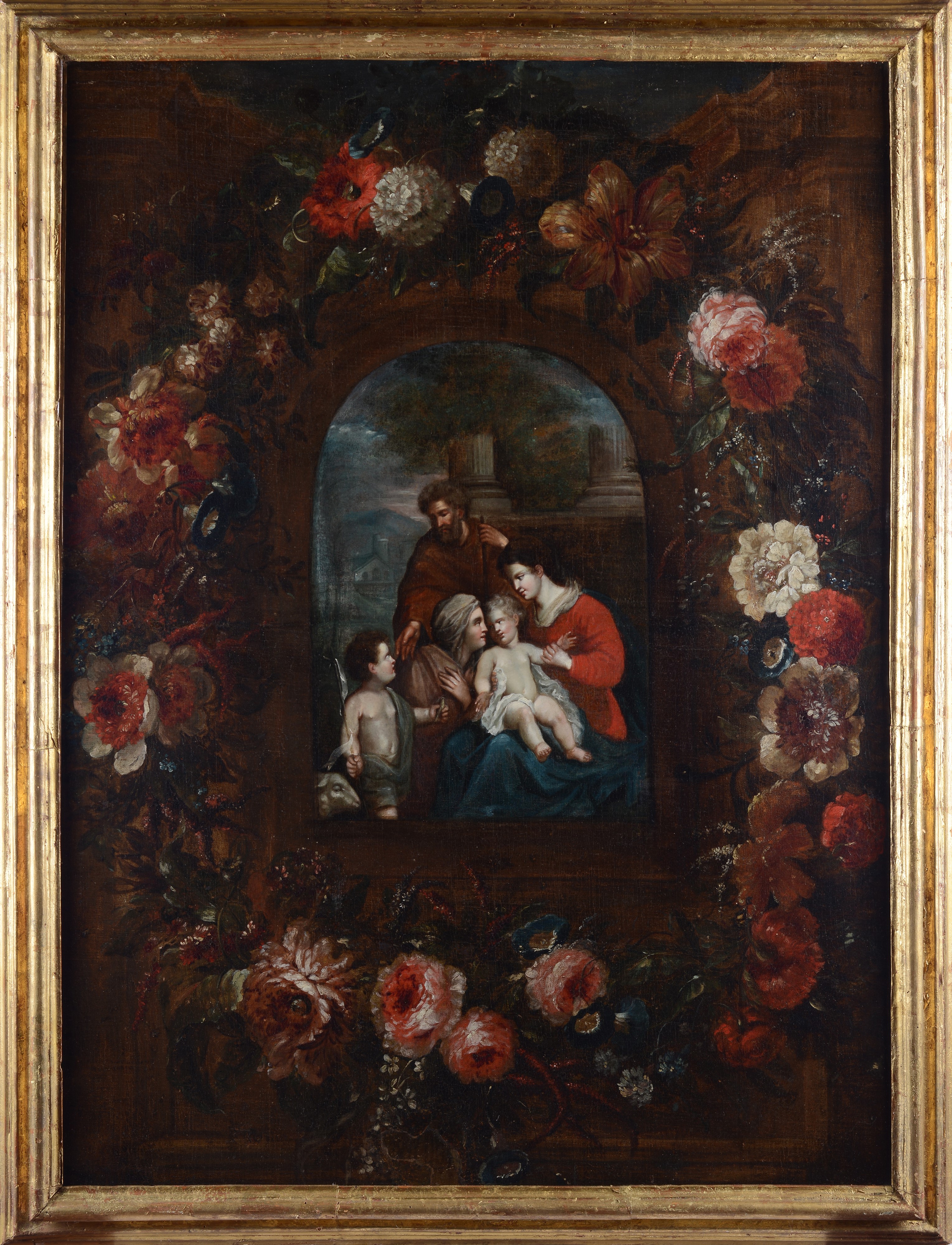 Scuola Fiamminga, XVII Sec. - Sacra Famiglia con Santa Elisabetta entro ghirlanda di fiori