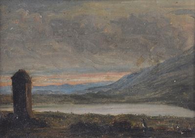 Paesaggio lacustre, olio su cartone