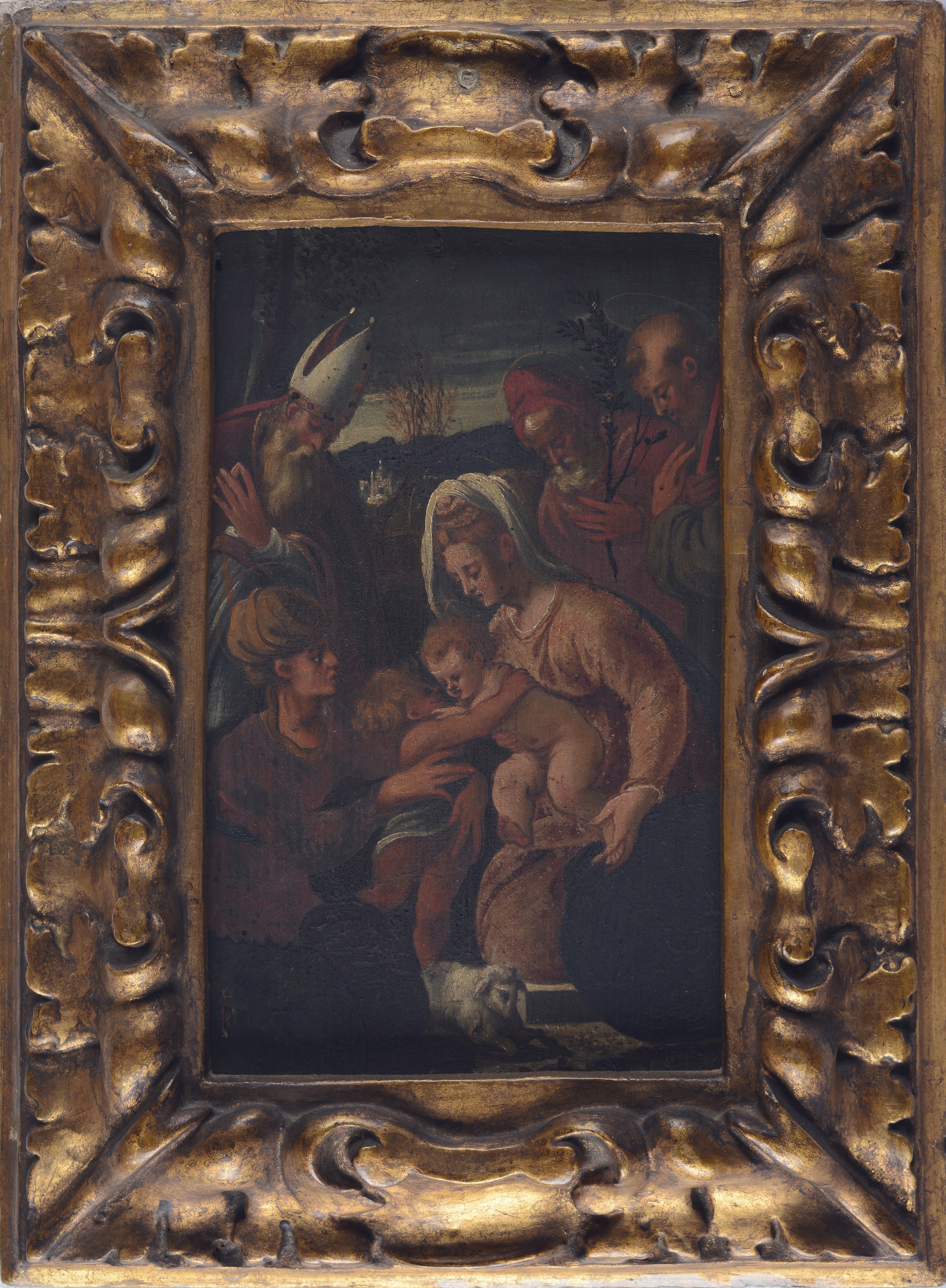 Anonimo, XIX Sec. - Anonimo, XIX secolo, Sacra famiglia con San Giovannino e Santi, olio su tavol...