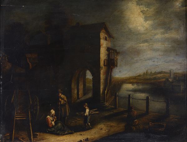 Scuola Fiamminga, XVII sec. - Paesaggio con contadini