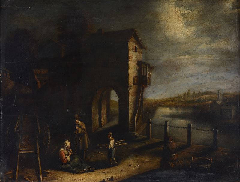 Scuola Fiamminga, XVII Sec. - Scuola fiamminga, Paesaggio con contadini