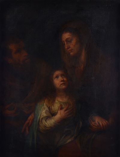 Scuola Spagnola, XVII secolo, Maria fanciulla con Sant'Anna e Gioacchino