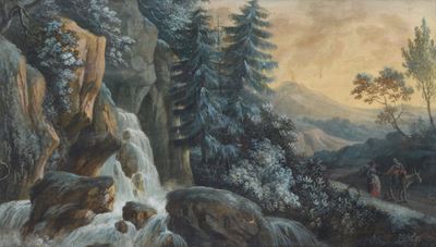 Anonimo, inizi XIX secolo, Paesaggio con cascata