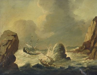 Anonimo, XIX secolo, Barche in tempesta, olio su tela