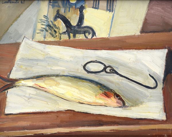 Mario Carotenuto - Natura morta con pesce (fronte) - Interno con sedie e candela (retro)