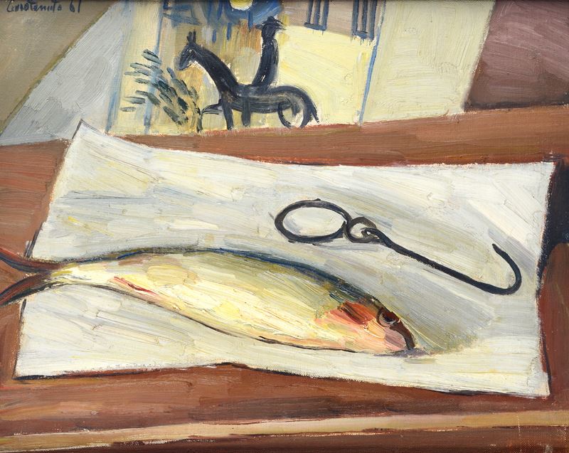 Mario Carotenuto - Natura morta con pesce (fronte) e interno con sedie e candela (retro), olio su...