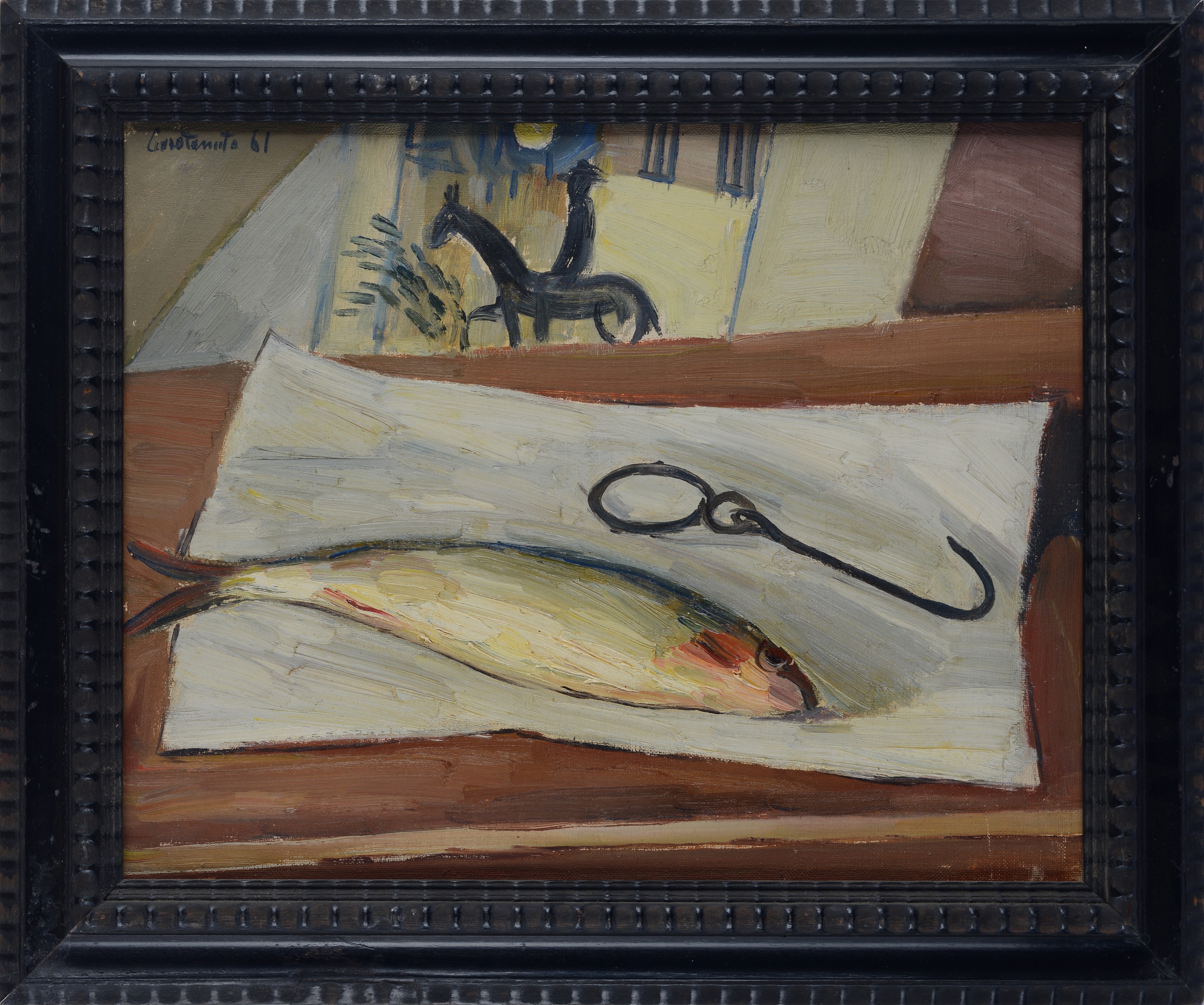 Mario Carotenuto - Natura morta con pesce (fronte) e interno con sedie e candela (retro), olio su...