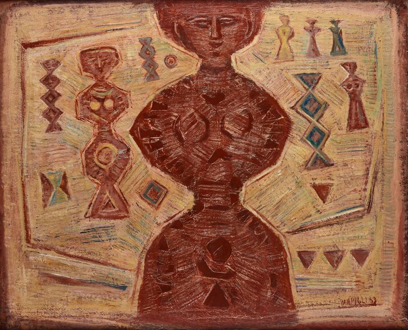 Massimo Campigli - Donne in rosso (Woman in red), composizione con donna rossa, olio su tela