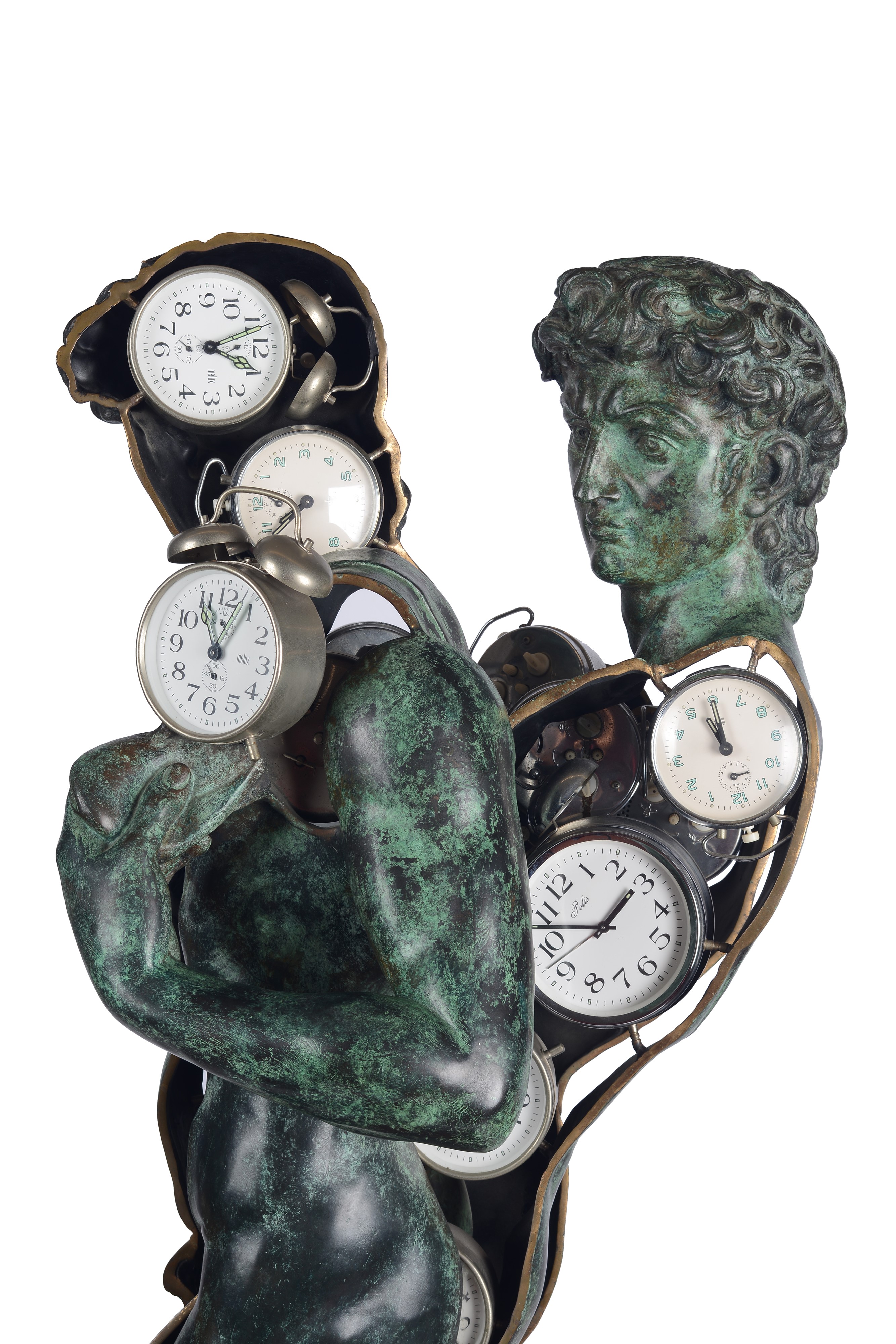 Fernandez Arman - David ponctuel, bronzo con patina verde e oro e sveglie, 1996