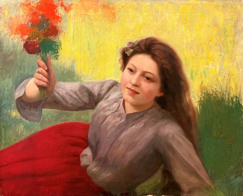 Federico Zandomeneghi - Ragazza con mazzolino di fiori, olio su tela
