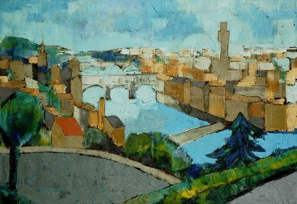 Anonimo, XX sec. : Panorama fiorentino  - Olio su tela da imballaggio - Auction STORART: Dipinti, oggetti, arredi dal XVII al XX sec. - II - Galleria Pananti Casa d'Aste
