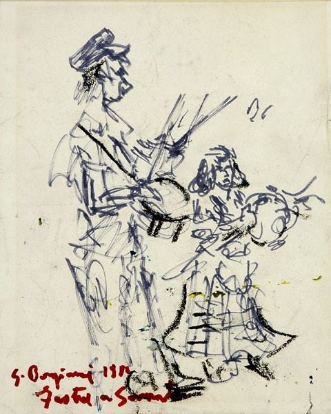 Guido Borgianni : Suonatori di strada  ((1980))  - Pennarello e pastello su carta - Asta AUTORI DEL XIX E XX SEC - Galleria Pananti Casa d'Aste