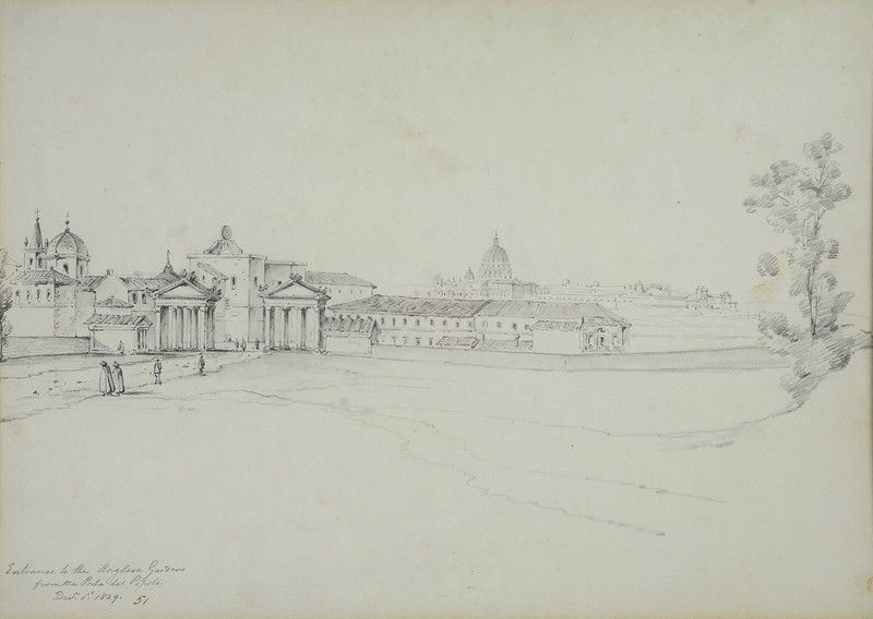 Anonimo, XIX Sec. - Entrata del Giardino Borghese da Porta del Popolo e il Ponte di Rialto a Vene...