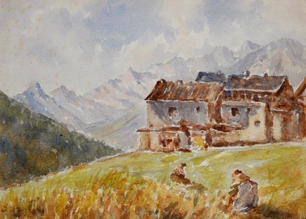 Leonardo Bazzaro : Landscape with houses  - Watercolor on paper - Auction AUTHORS  [..]