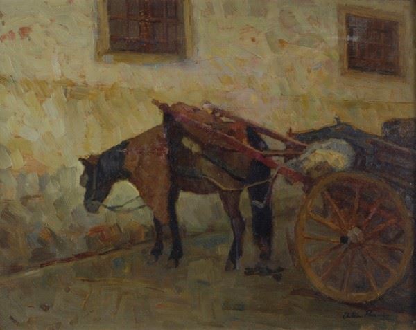 Arturo Panizzi : Wagon at rest  - Oil on plywood - Auction AUTHORS OF XIX AND XX  [..]