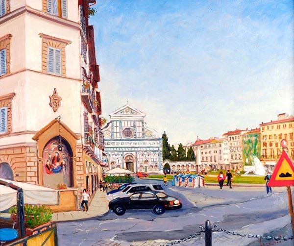 Renato Fuccini : Piazza Santa Maria Novella  - Olio su faesite - Auction AUTORI DEL XIX E XX SEC - Galleria Pananti Casa d'Aste