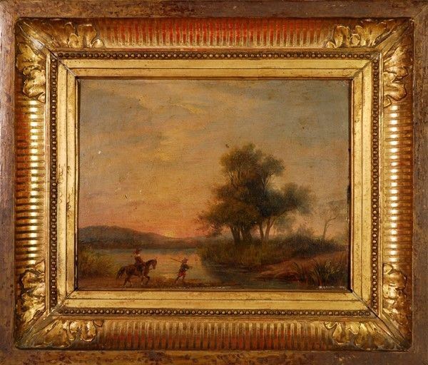 Anonimo, XIX sec. : Paesaggio con figure  - Olio su cartone - Auction Antiquariato - mobili, dipinti e oggetti di arredo - Galleria Pananti Casa d'Aste