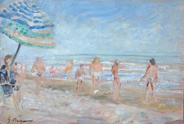 Guido Borgianni : Bagnanti  - Olio su cartone - Asta ASTA A TEMPO - Autori dell'800-900, Moderni e Contemporanei, Grafica ed Edizioni - I - Galleria Pananti Casa d'Aste