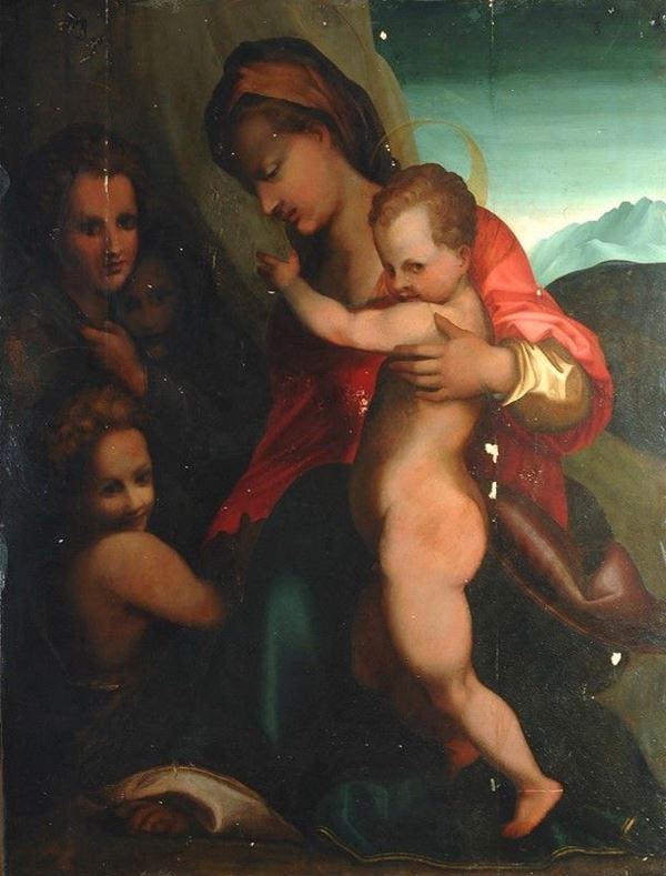 Scuola di Andrea del Sarto : La Vergine con il Bambino e San Giovannino  - Tempera su tavola - Auction Antiquariato, mobili, porcellane e dipinti antichi - I - Galleria Pananti Casa d'Aste