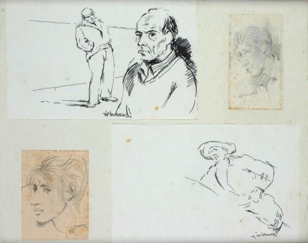 Nino Tirinnanzi : Self-Portrait and Studies  - Ink and pencil on paper - Auction MODERN  ART - TUSCANY AUTHORS - Galleria Pananti Casa d'Aste