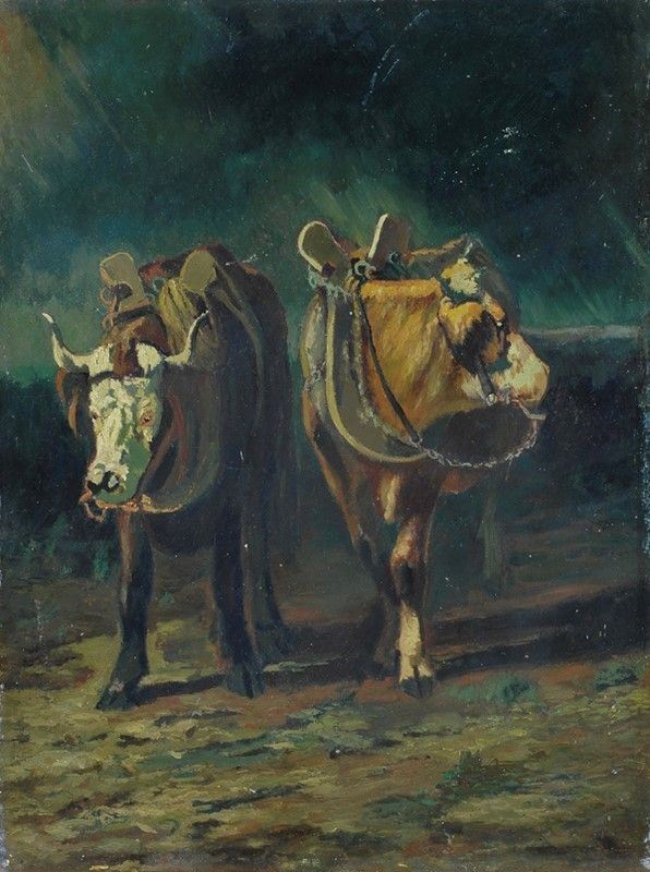 Anonimo, XX sec. : Mucche  - Olio su tavola - Asta AUTORI DEL XIX E XX SEC - Galleria Pananti Casa d'Aste
