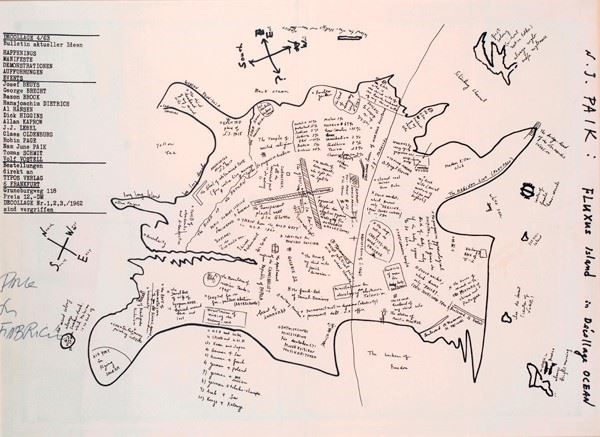 Nam June Paik : Fluxus Island in  Décollage Ocean  (1962-89)  - Serigrafia su tela - Asta STORART: Dipinti, oggetti, arredi dal XVII al XX sec. - II - Galleria Pananti Casa d'Aste