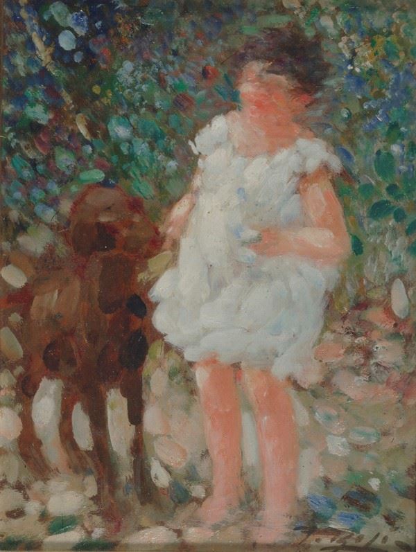 F. Zigoli : Little girl with dog  - Oil on cardboard - Auction AUTHORS OF XIX AND XX CENTURY - Galleria Pananti Casa d'Aste