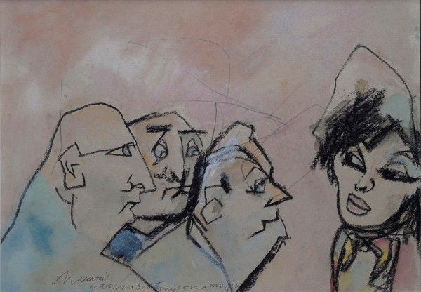 Mino Maccari : I corteggiatori  - Tecnica mista su cartone - Asta Autori dell'800-900 - I - Galleria Pananti Casa d'Aste