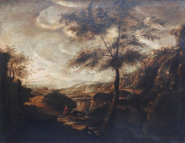 Scuola Italia Settentrionale, XVIII Sec. - Paesaggio con Figure e Ponte