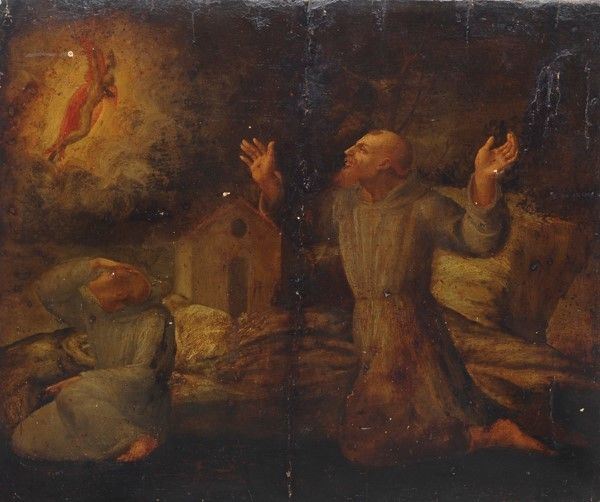 Scuola Toscana, XVI sec. : San Francesco riceve le stimmate  - Olio su tavola - Asta Antiquariato - Galleria Pananti Casa d'Aste