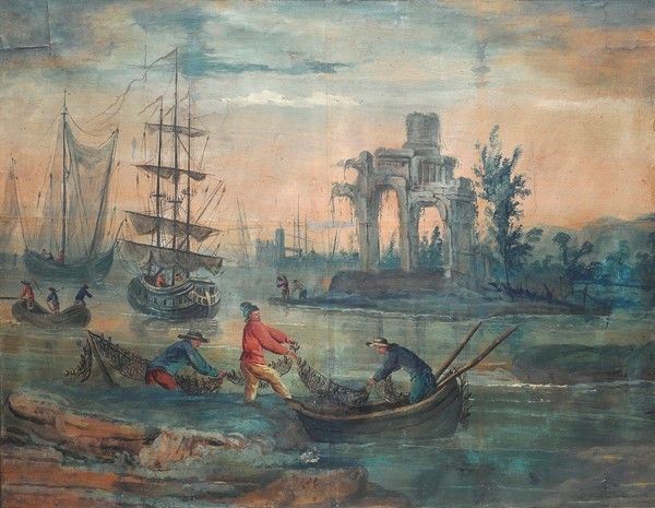 Scuola Veneta, XVIII sec. : Paesaggio con pescatori  - Tempera su carta riportata su tela - Auction Arte Moderna e Contemporanea, Edizioni e Grafica - I - Galleria Pananti Casa d'Aste