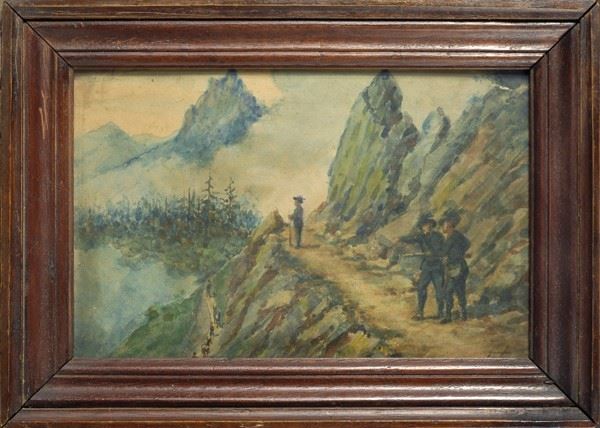 Anonimo, XIX sec. : Alpini on a mountain pass  - Watercolor on paper - Auction AUTHORS OF XIX AND XX CENTURY - Galleria Pananti Casa d'Aste