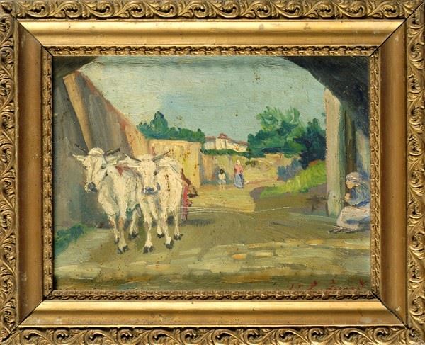 Anonimo, XX sec. : Alley with oxen  - Oil on cardboard - Auction AUTHORS OF XIX AND XX CENTURY - Galleria Pananti Casa d'Aste