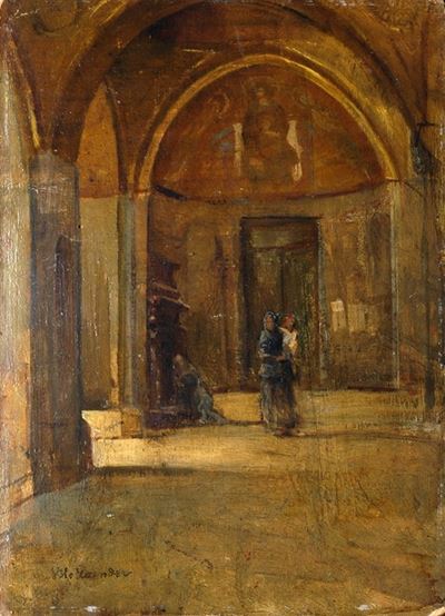 Interno di Chiesa con Madre e Figlio